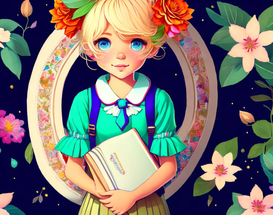Young girl with large blue eyes holding a book in floral oval frame