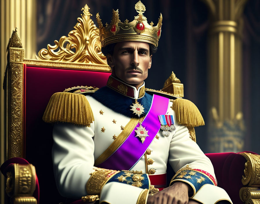 Regal man in military uniform and crown on golden throne