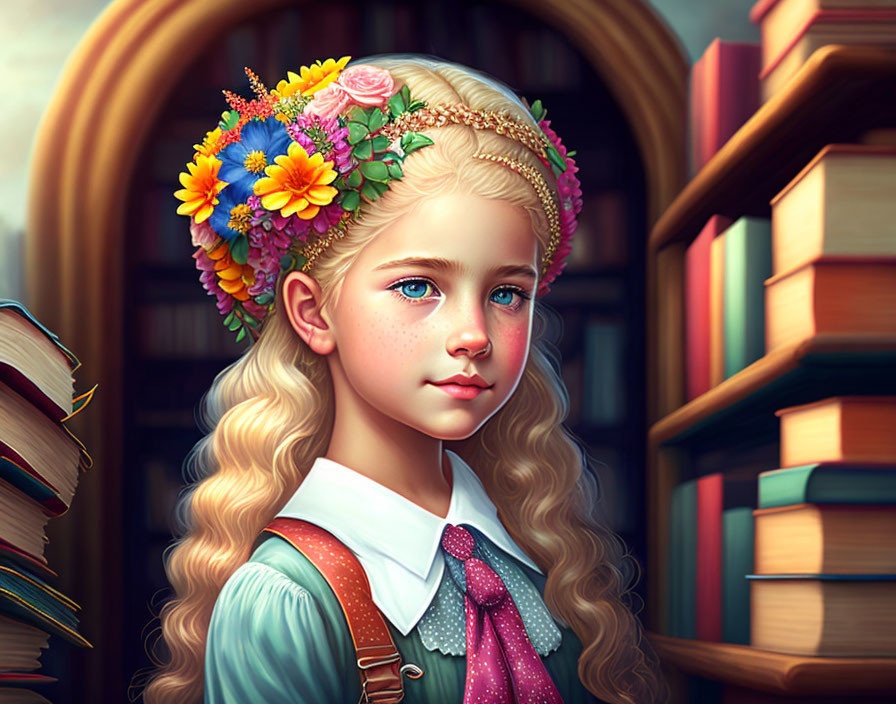 Blonde girl with floral headband and bookshelf background