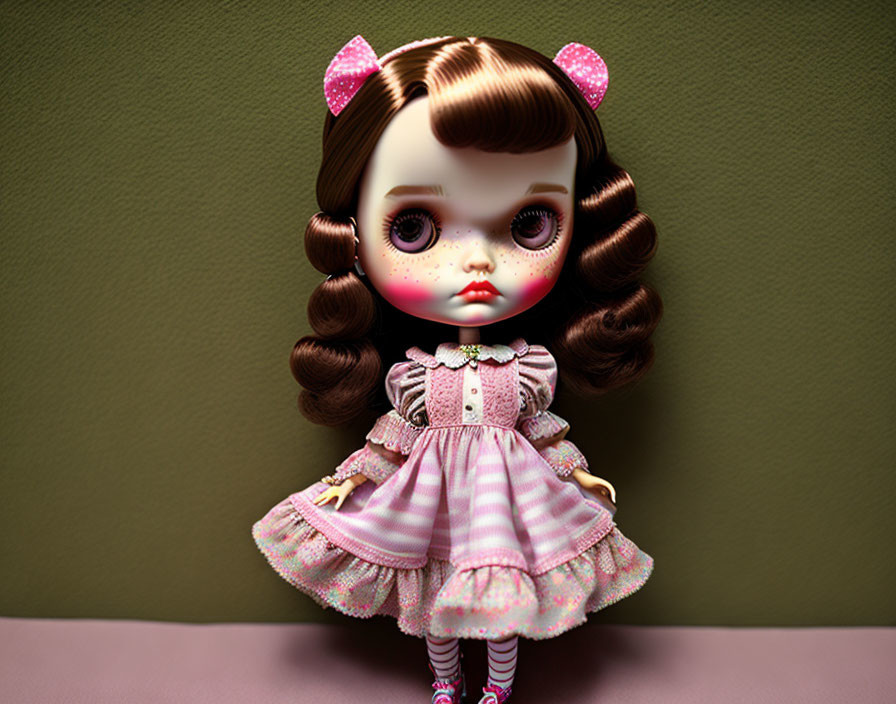 Elaborate brown curls on doll in pink and white dress