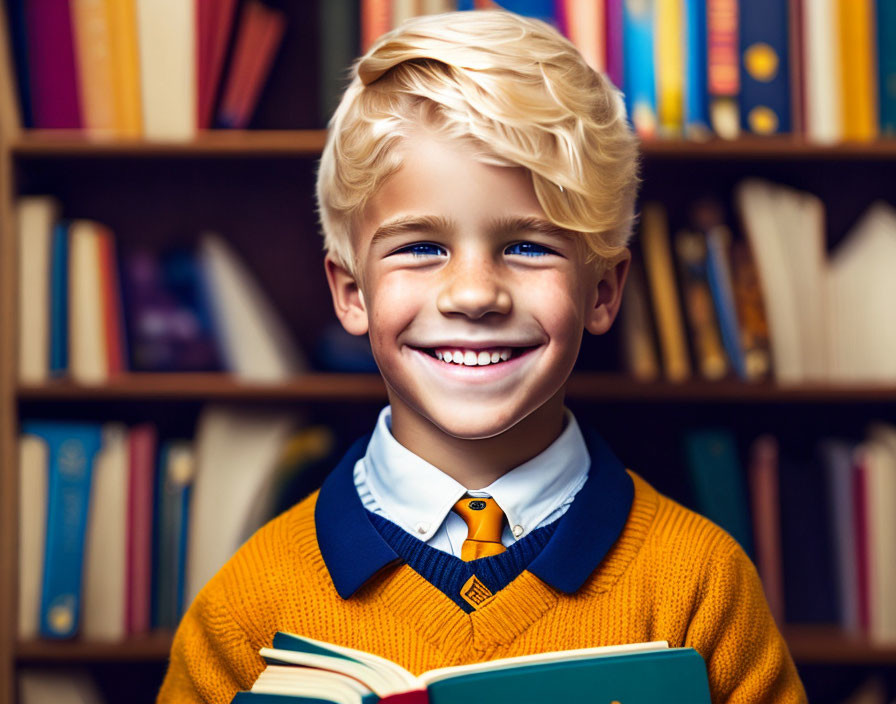Blond Boy in Yellow Sweater Stands by Bookshelf