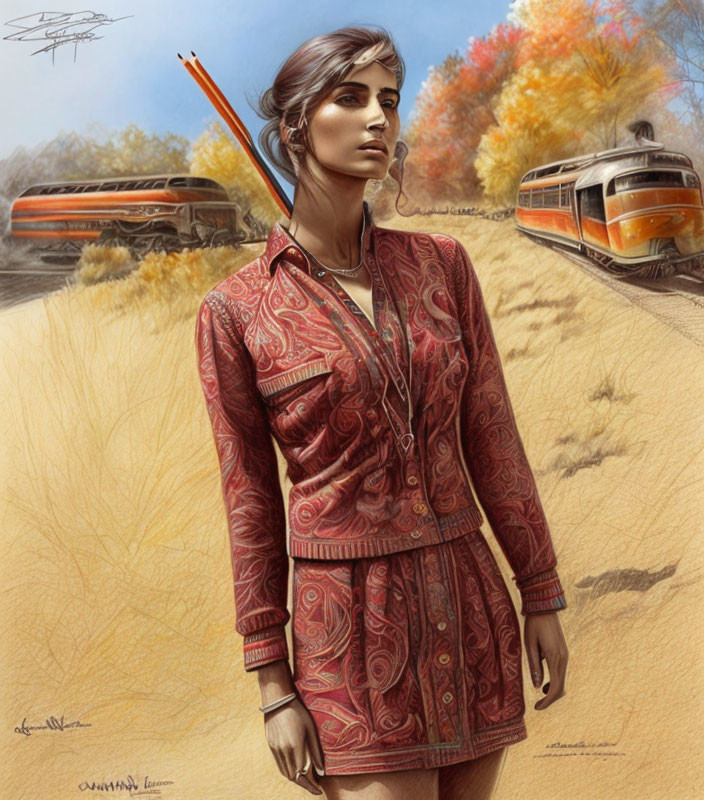 Digital artwork featuring a woman in paisley dress with quiver of arrows, vintage buses, autumn trees