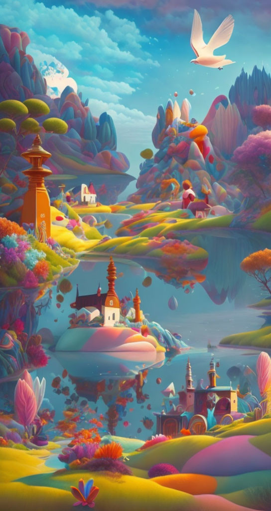 Colorful surreal landscape with floating islands and fantastical structures