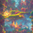 Colorful surreal landscape with floating islands and fantastical structures