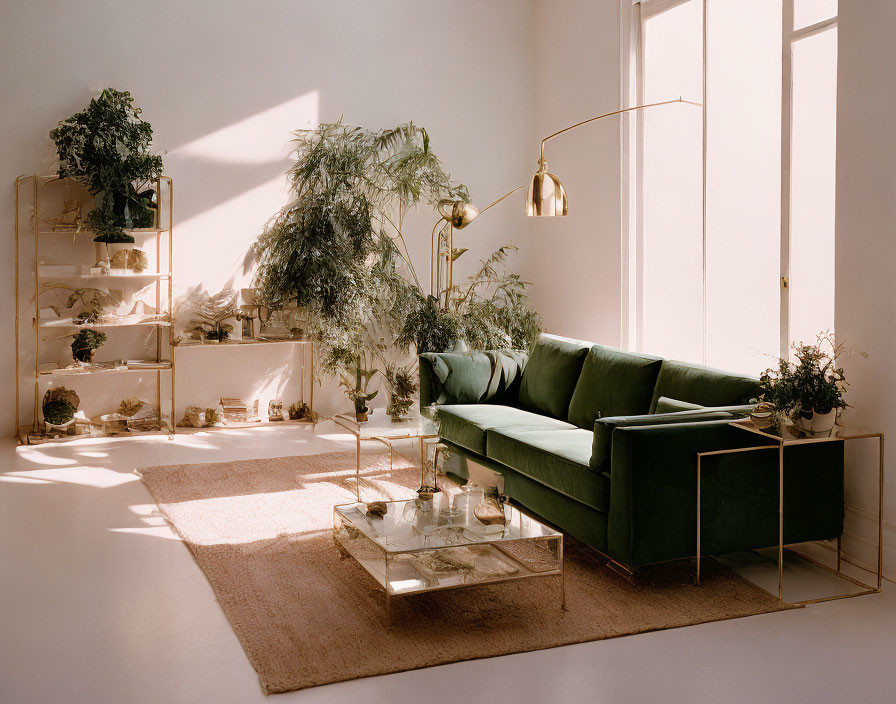 Spacious living room with green velvet sofa, gold floor lamp, glass coffee table, and potted