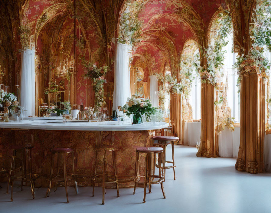 Opulent banquet hall with golden columns, floral decor, and bar stools against red and gold backdrop