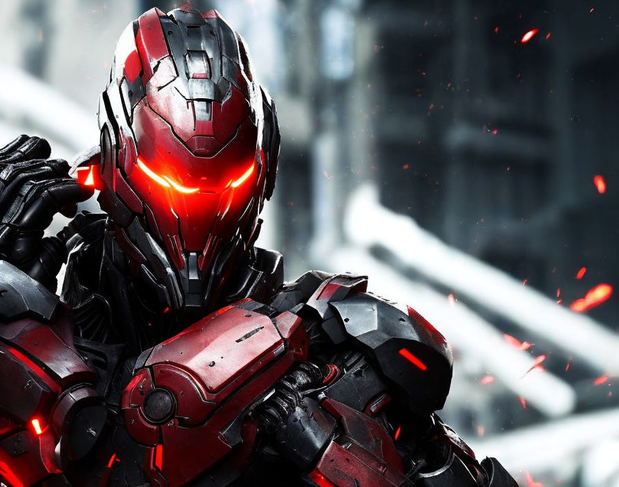 Menacing robotic figure with red glowing eyes and armor in industrial setting