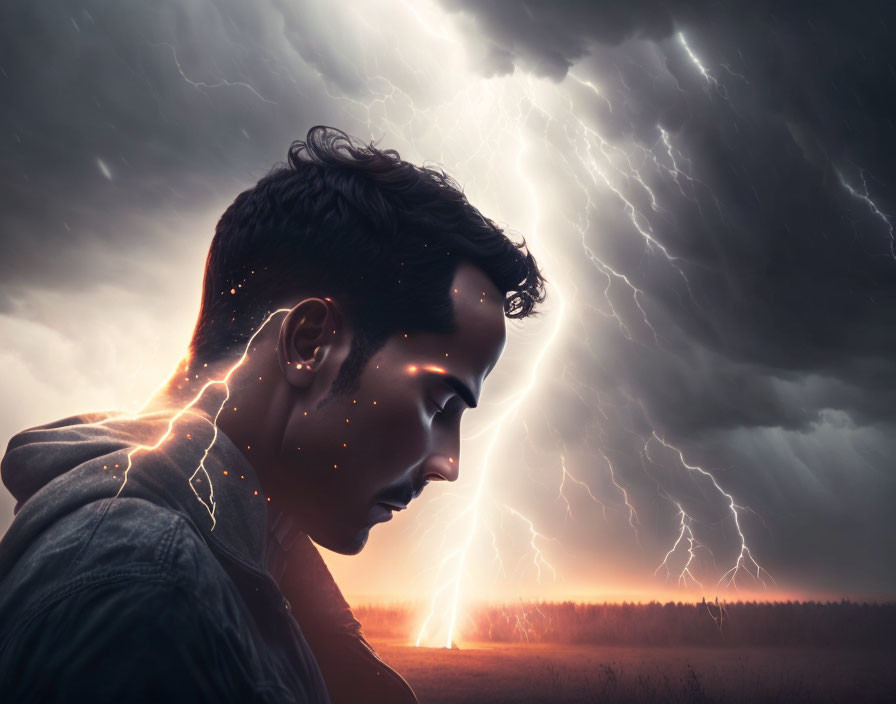 Profile of a person with glowing lightning lines on stormy sky backdrop