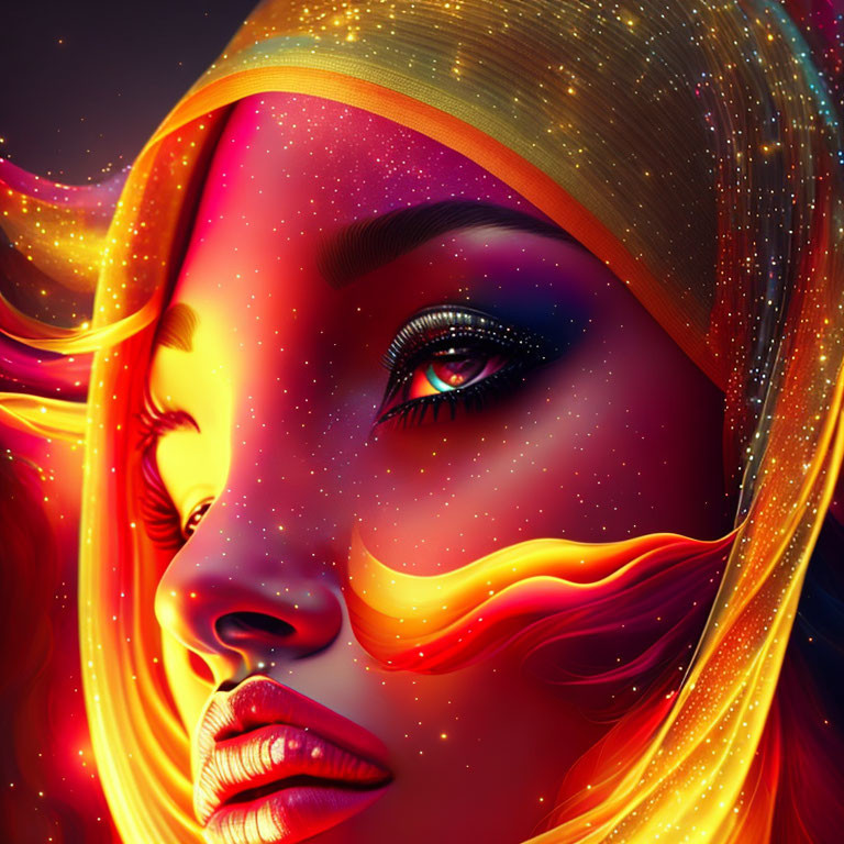 Vibrant cosmic-themed digital portrait of a woman