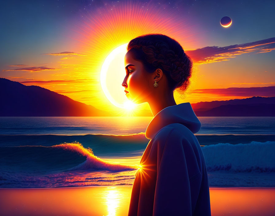 Woman's profile silhouette at sunset with sun, ocean waves, mountains, and planet.