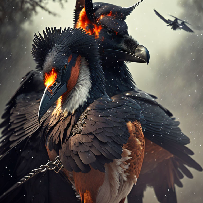 Mythical bird digital art: fiery eyes, sharp beak, chained leg, black and brown