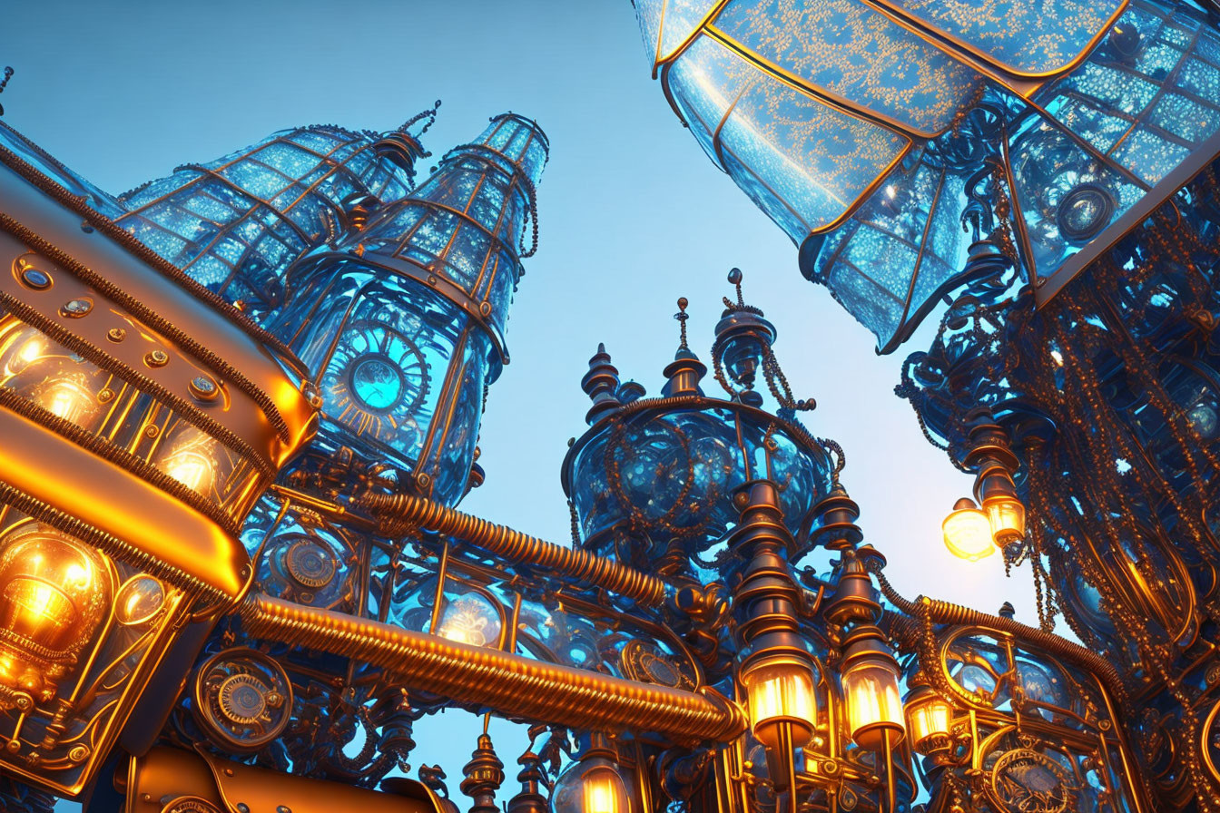 Intricate Blue and Gold Steampunk Cityscape Under Warm Glow