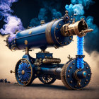 Steampunk-style device emitting blue smoke on cloudy background