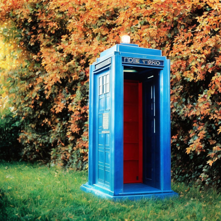 Blue police box resembling TARDIS in front of lush autumnal hedge