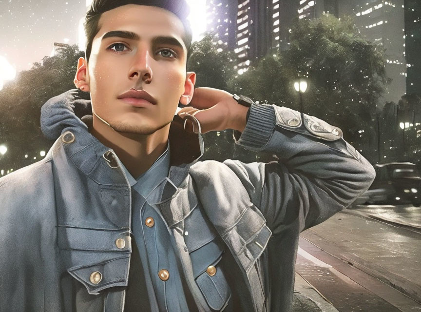 Young man in denim jacket poses on city street at night