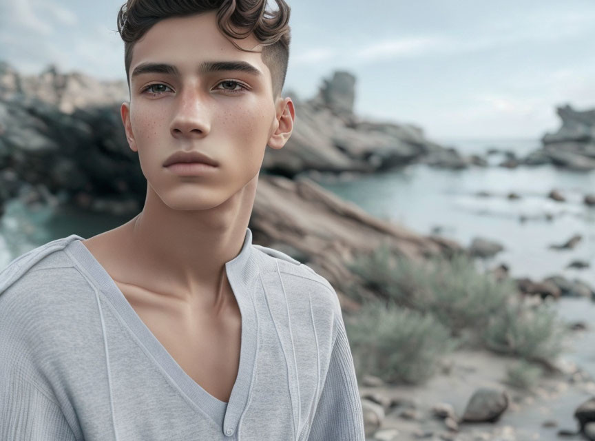 Young man in light grey shirt on rocky beach under overcast sky