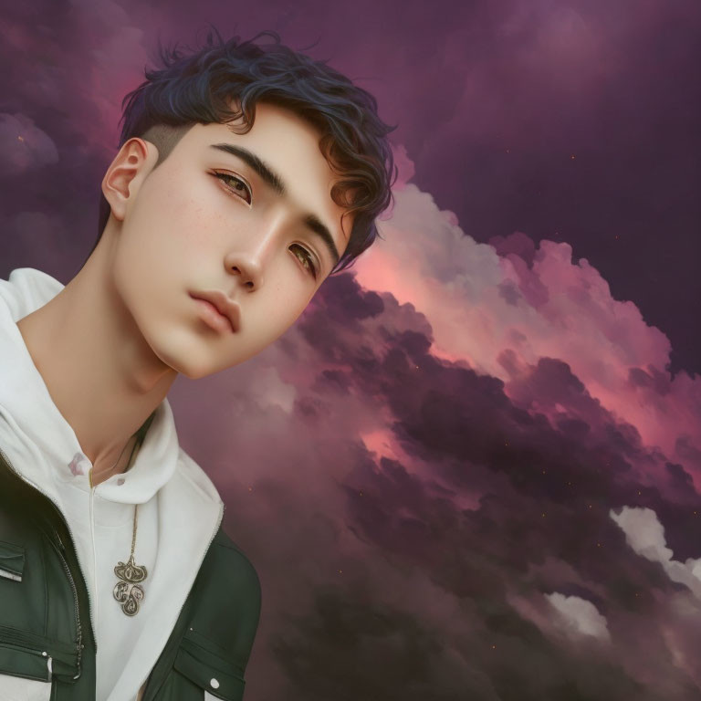 Digital artwork featuring young person with purple hair in white jacket under dramatic purple and orange sky.