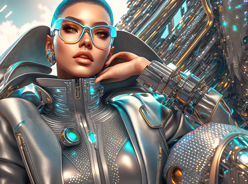 Futuristic female character in silver attire and glasses on high-tech background