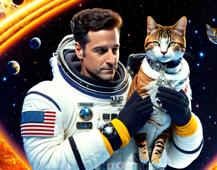 Astronaut holding a cat in space with planets and stars