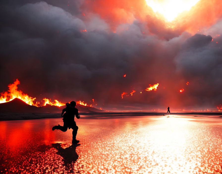 Volcanic eruption in fiery sky with silhouetted figures and flowing lava meeting water