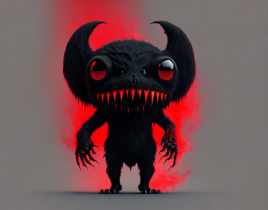 Black furry creature with large eyes, sharp teeth, and horns in fiery aura