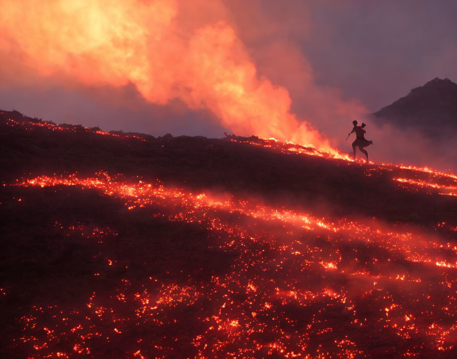 Silhouette of a person on horseback in fiery landscape with molten lava flows.