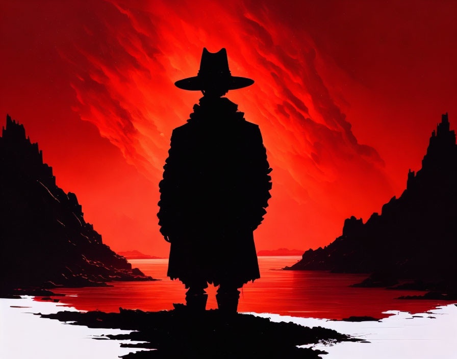 Cowboy hat and poncho silhouette against red sky and water