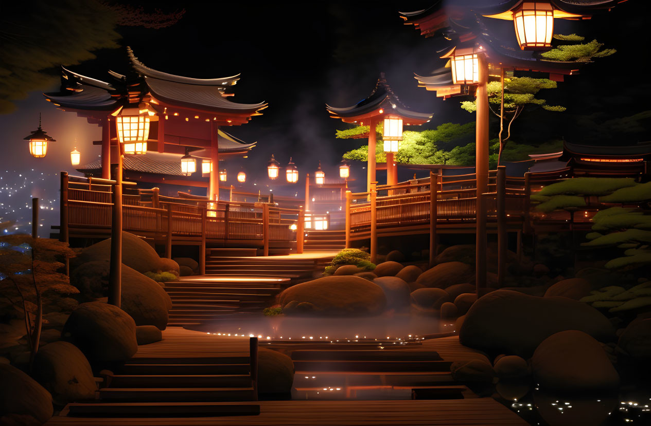 Traditional Japanese garden at night with lanterns, bridge, pagodas, trees, and rocks