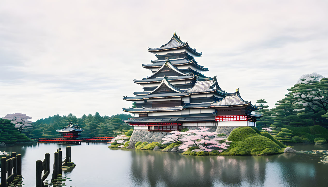 Japanese Castle Surrounded by Cherry Blossoms and Pond