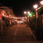 Traditional Japanese garden at night with lanterns, bridge, pagodas, trees, and rocks