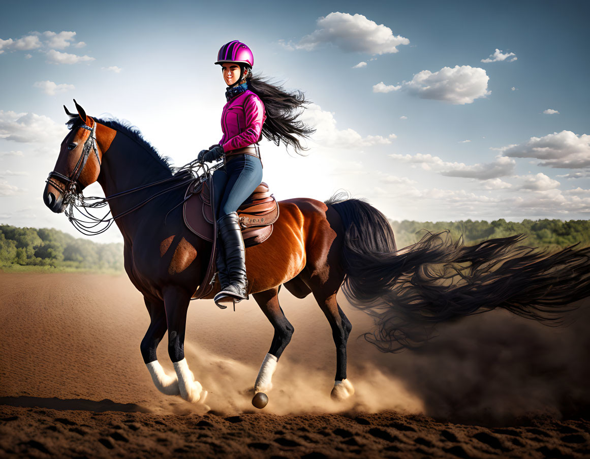 Equestrian rider in pink top and helmet on galloping horse in sandy track