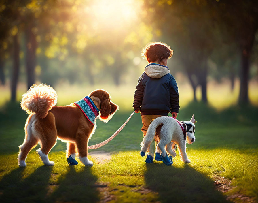 Child Walking Two Dogs in Sunlit Park with Sun Rays