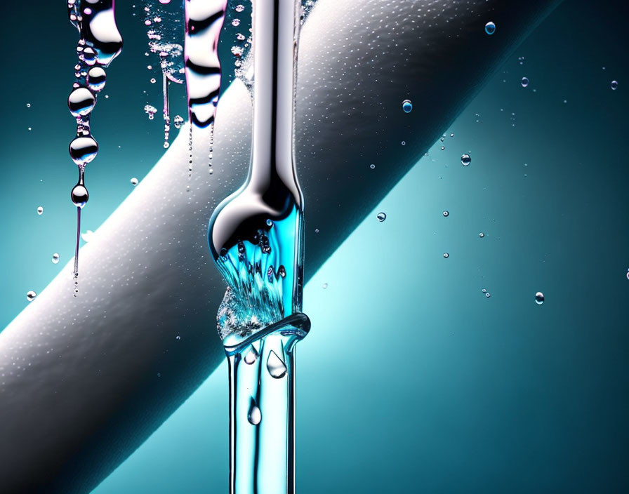 Water droplets falling and flowing on smooth, reflective surface with blue background