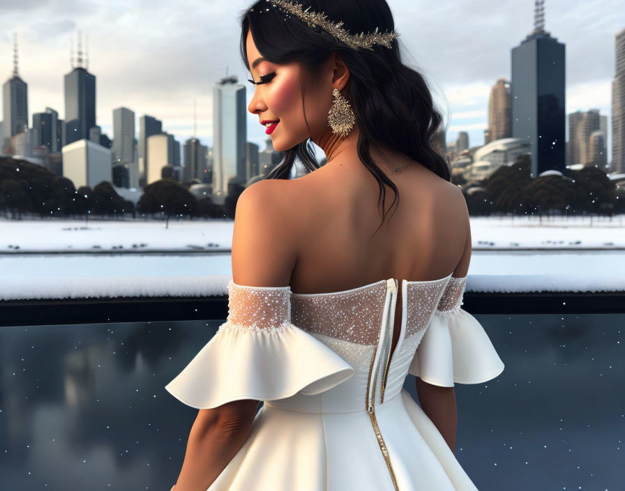 Woman in White Off-Shoulder Gown and Tiara with Snowy City Skyline