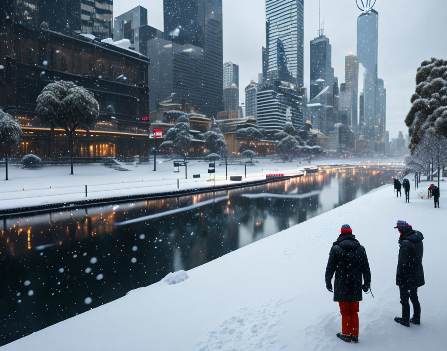 Snow-covered river with city skyscrapers on a snowy day