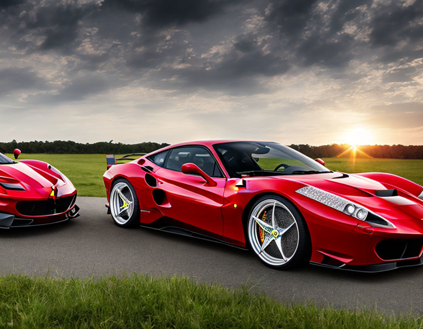 Two Red Ferrari Sports Cars Parked on Open Road at Sunset