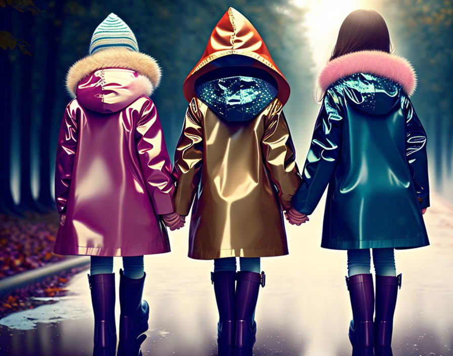 Three children in colorful raincoats and boots walking down tree-lined path