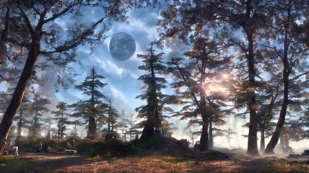 Tranquil forest scene with tall trees, misty ground, sunlight, and large moon