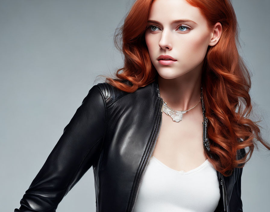 Woman with Blue Eyes and Red Hair in Leather Jacket and White Top