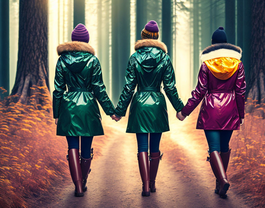 Group of three people walking in forest with colorful jackets and beanies under sunlight.