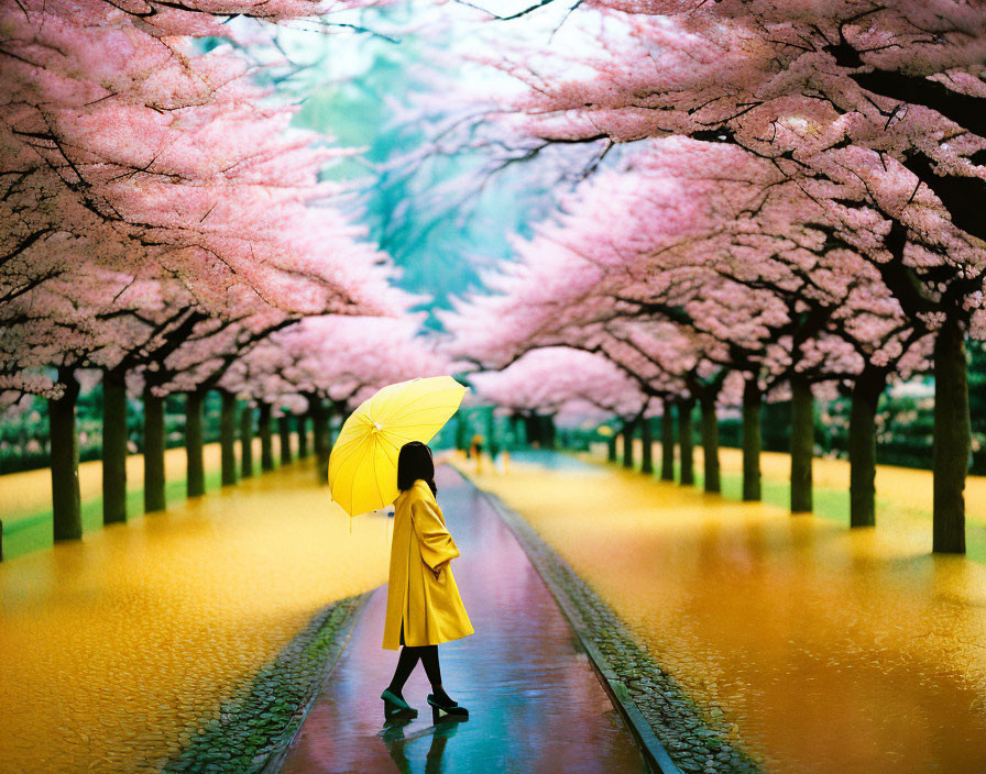 Person in Yellow Coat with Yellow Umbrella Walking Among Blooming Cherry Trees