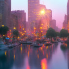 Cityscape with illuminated buildings, glowing riverfront, boats, and colorful lights.