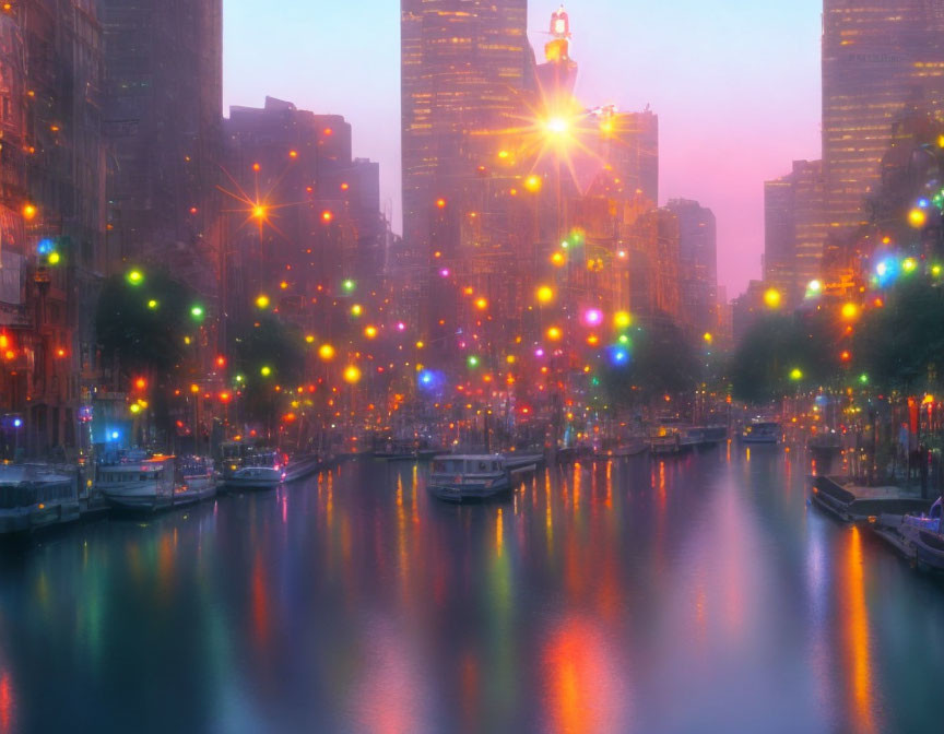 Cityscape with illuminated buildings, glowing riverfront, boats, and colorful lights.