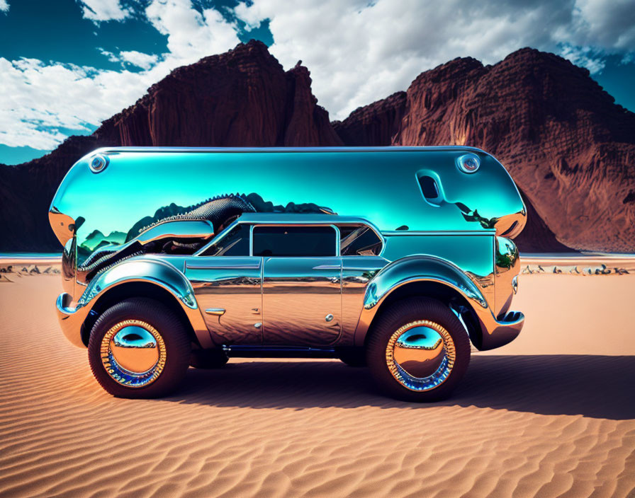 Futuristic chrome vehicle with oversized wheels in desert landscape