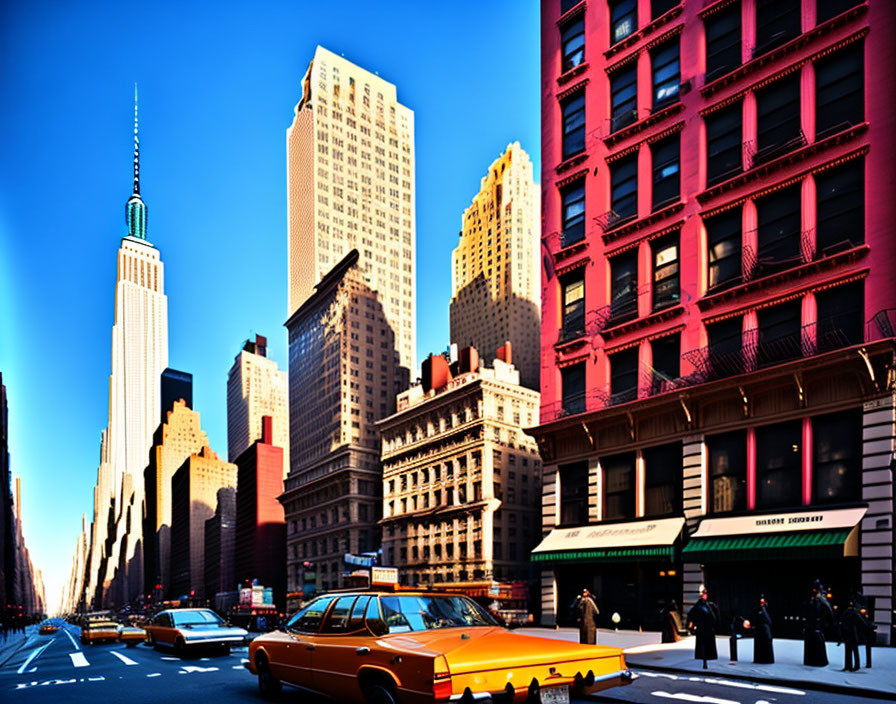 Vibrant cityscape with Empire State Building, taxi, pedestrians, and high-rises on New