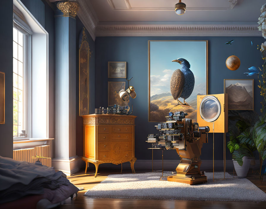 Vintage room with mechanical device, bird painting, and telescope in serene ambiance