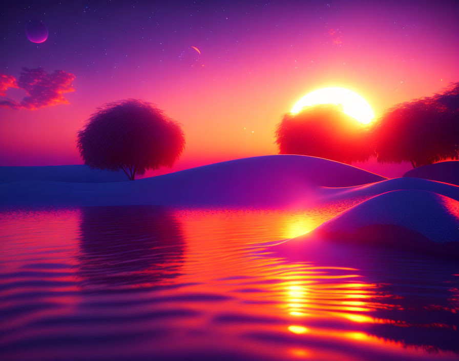 Surreal purple sunset over tranquil water with snowy hills