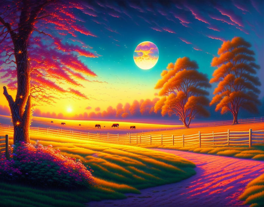 Colorful Dusk Landscape with Full Moon, Trees, Horses, and Winding Path