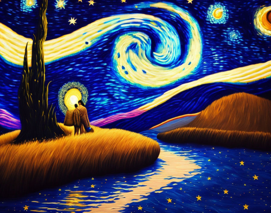 Figure with glowing halo under swirling starry sky by tree - reminiscent of "Starry Night" with