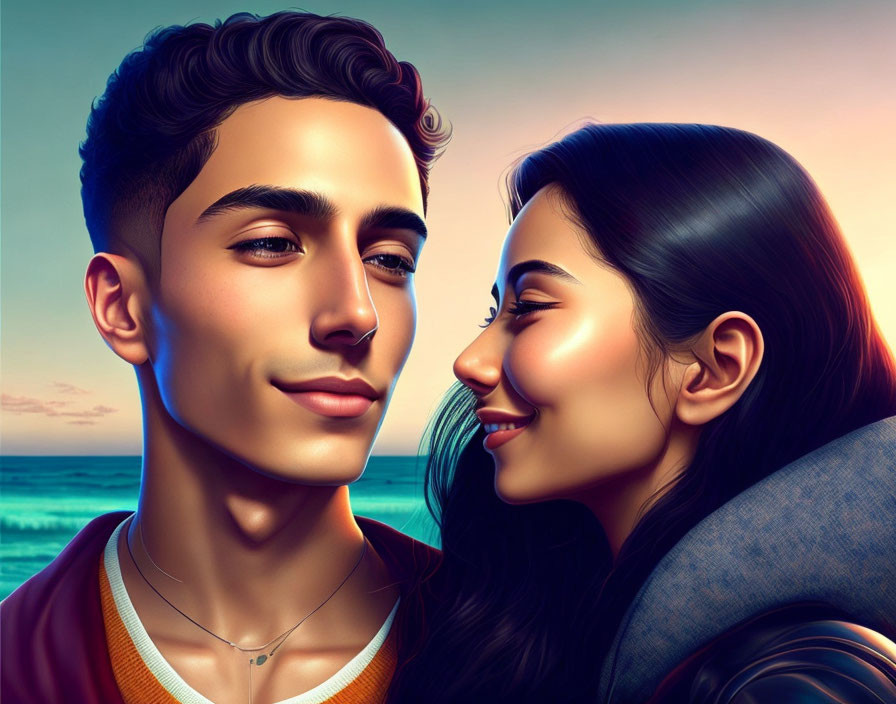 Digital illustration of young couple smiling and leaning close together